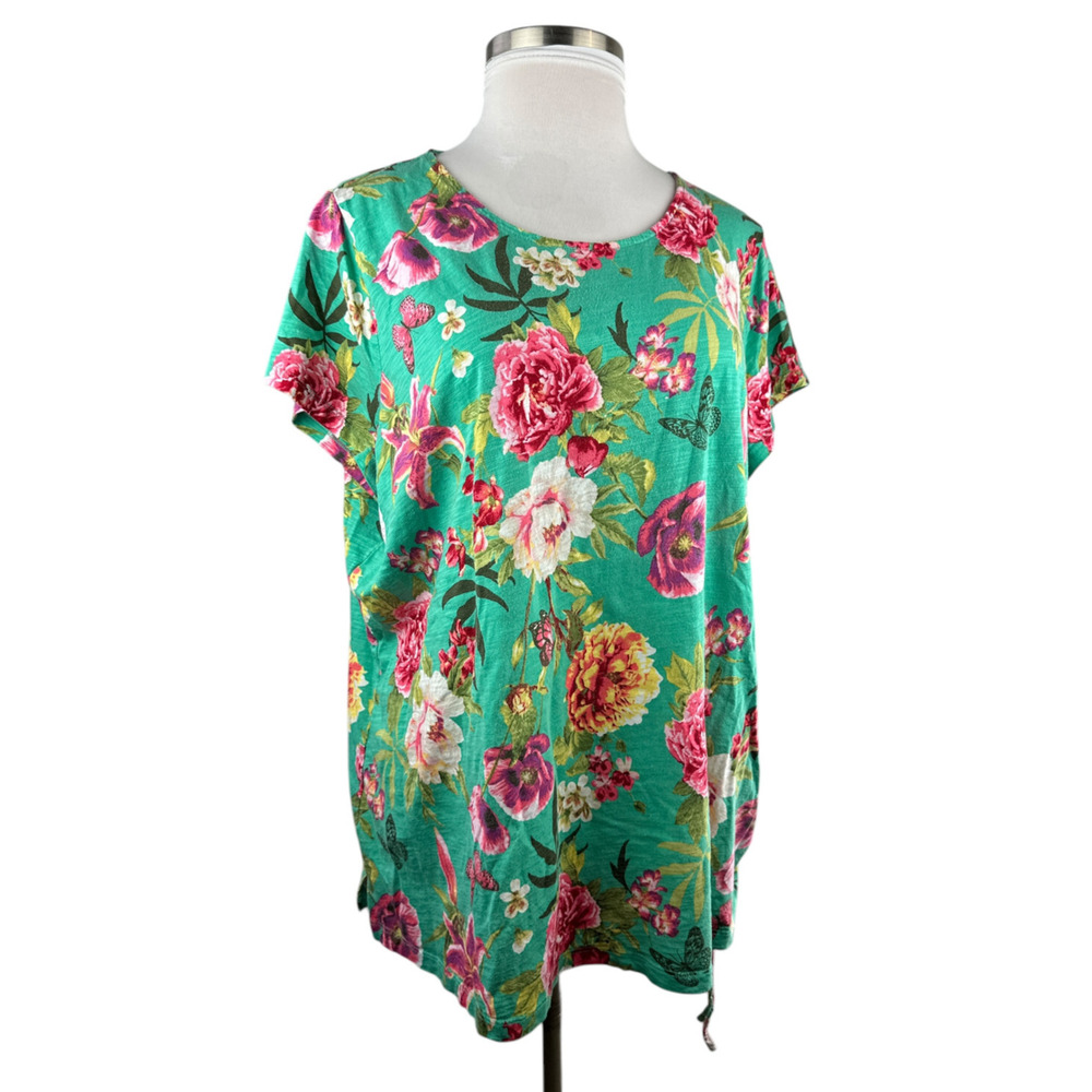 ✨2/$20 Belle Kim Gravel Slub Knit Side Ruched Top Full Bloom Floral Plus Size 4X - Picture 4 of 15